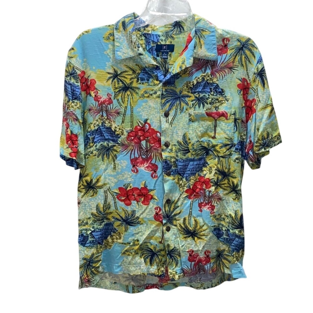 George Mens‎ Tropical Flamingo Palm Tree Hawaiian Shirt Size M - Picture 5 of 6